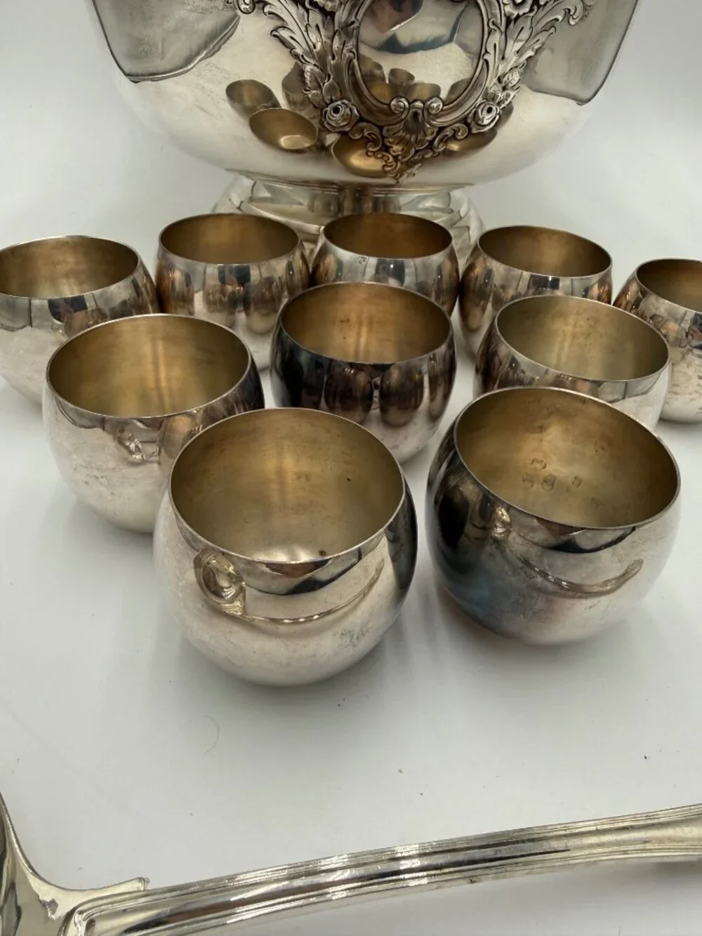 Antique Silver Plated Punch Bowl Set Matching Cups Ladle Vintage  Leonard Sheffi